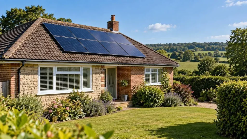 Clean domestic solar panels on the roof of a single-storey rural bungalow in sunshine