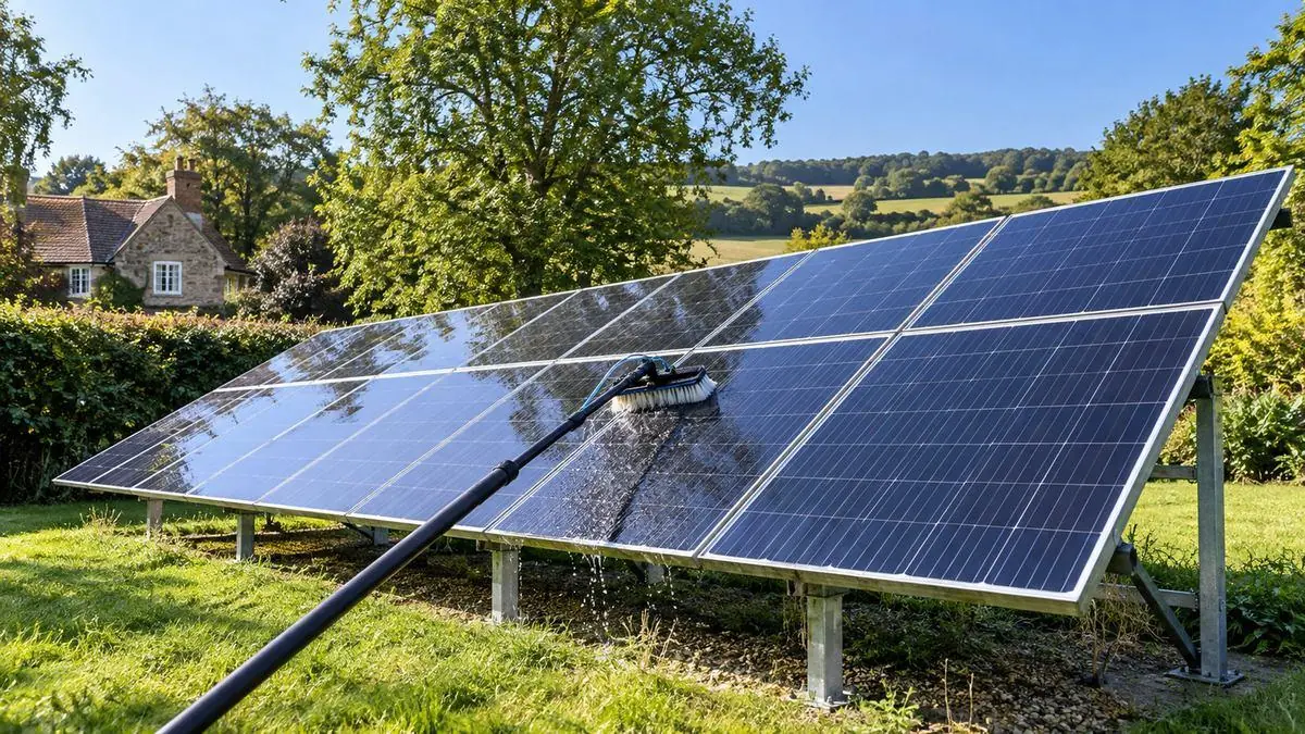 Water-fed pole brush cleaning a domestic ground-mounted solar array beside a rural home