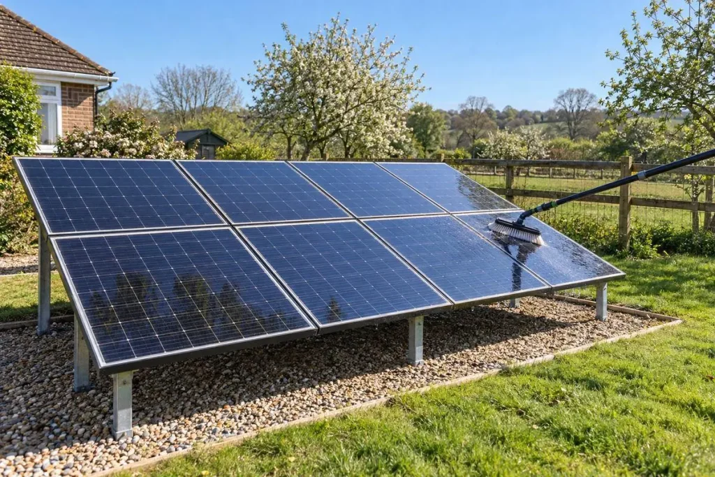 Water-fed pole brush cleaning ground-mounted solar panels in a semi-rural garden