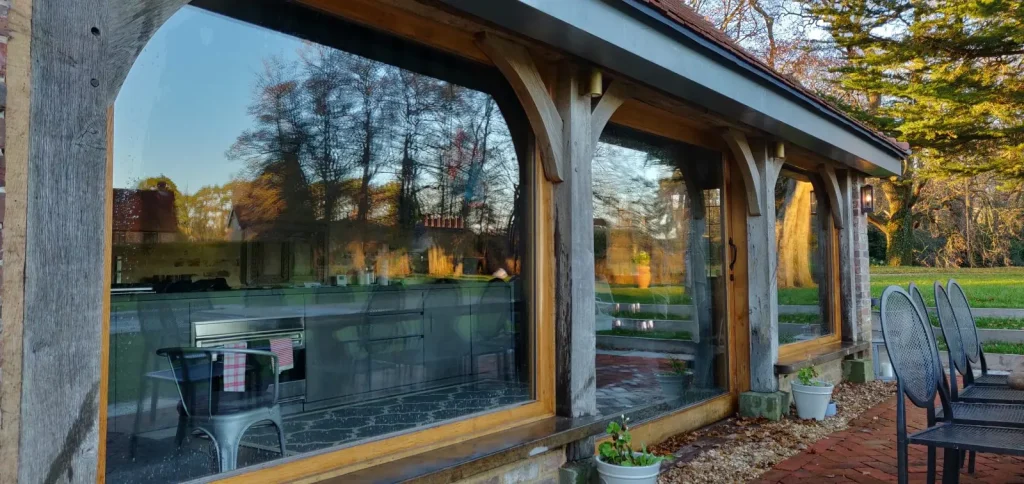 Window cleaning at a country property near Blackboys, East Sussex. Fascias and concealed gutters cleared and cleaned.